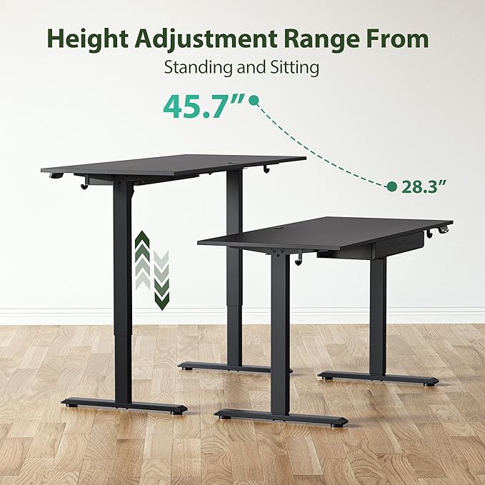 Adjustable Height Electric Standing Desk with Storage Wooden Drawer, 63 x 24 Inches Stand Up Home Office Computer Gaming Table with Splice Board for Work Office Home, Black - LeafyLoom