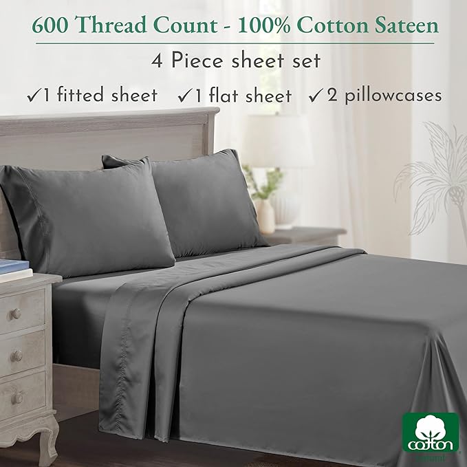 California Design Den Luxury King Size Sheet Set - 100% Cotton, 600 Thread Count Deep Pocket King Sheets, Hotel-Quality Bedding with Sateen Weave - Grey - LeafyLoom