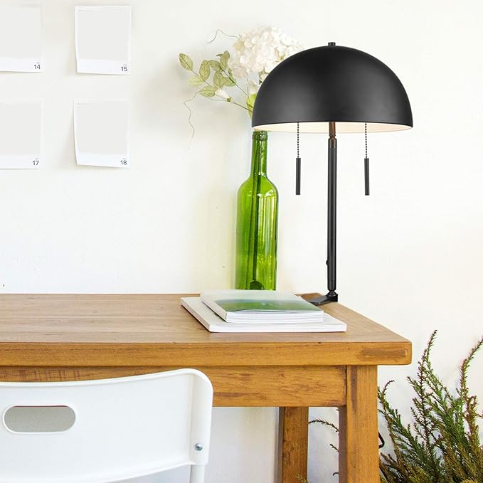 Globe Electric 52883 Luna 18" 2-Light Clamp-Arm Desk Lamp, Matte Black, Mushroom Shade, Double On/Off Pull Chains - LeafyLoom
