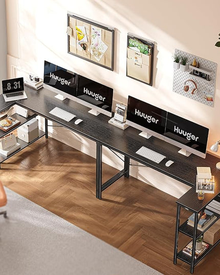 L Shaped Desk, 55 Inches Computer Desk with Reversible Storage Shelves, Gaming Desk, Corner Desk Home Office Desks, Writing Desk Study Desk with Metal Frame, Black - LeafyLoom