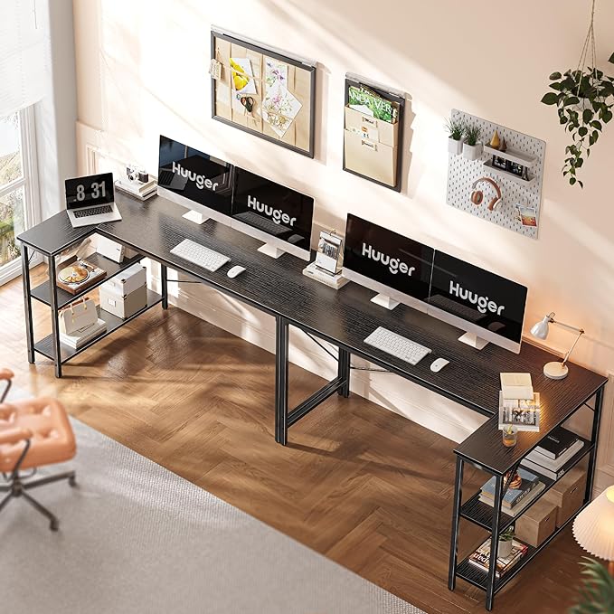 L Shaped Desk, 55 Inches Computer Desk with Reversible Storage Shelves, Gaming Desk, Corner Desk Home Office Desks, Writing Desk Study Desk with Metal Frame, Black - LeafyLoom