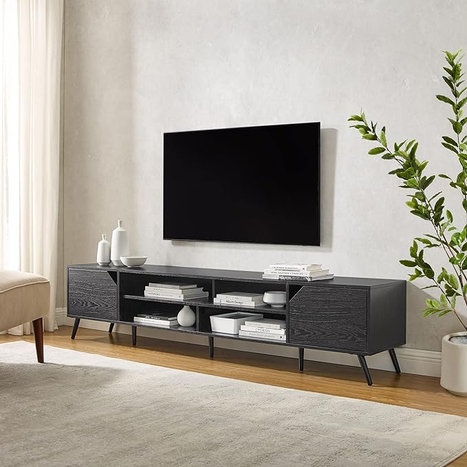 Walker Edison Nora Modern Minimal Open-Shelf Stand for TVs up to 90 Inches, 80 Inch, Black - LeafyLoom