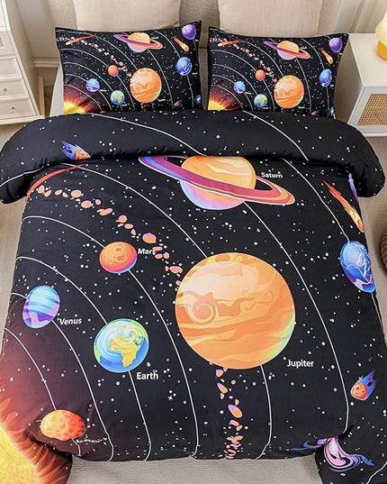 Solar System Comforter Set Twin Outer Space Room Decor Bedding Set 3 Pieces 1 Planets Theme Comforter and 2 Pillow Shams for Boys Kids Ultra-Soft Microfiber All Seasons for Bedroom Sofa - LeafyLoom