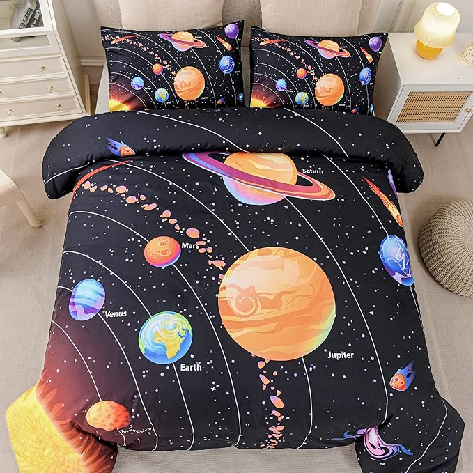Solar System Comforter Set Twin Outer Space Room Decor Bedding Set 3 Pieces 1 Planets Theme Comforter and 2 Pillow Shams for Boys Kids Ultra-Soft Microfiber All Seasons for Bedroom Sofa - LeafyLoom
