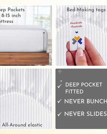 California Design Den Pinstripe Twin XL Sheets Softest 100% Cotton Sheets Set, Luxury 400 Thread Count Sateen, 3 Piece Deep Pocket Printed Striped Pattern (Pinstriped) - LeafyLoom