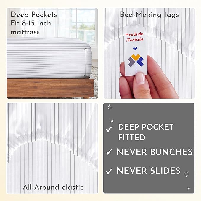 California Design Den Pinstripe Twin XL Sheets Softest 100% Cotton Sheets Set, Luxury 400 Thread Count Sateen, 3 Piece Deep Pocket Printed Striped Pattern (Pinstriped) - LeafyLoom