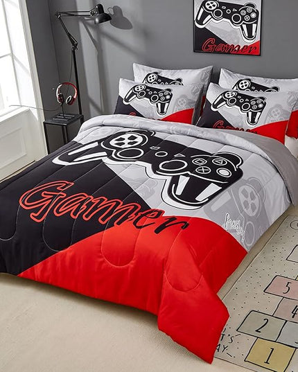 Gaming Comforter Sets for Kids Teen Boys,Video Games Controller Pattern Bedding Set for Room Decor, Queen Size 3-Piece Reddish Black Gamer Comforter with Pillowcase,All Season(Red,Queen) - LeafyLoom