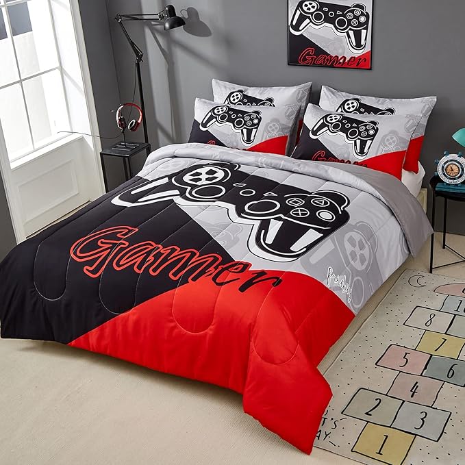 Gaming Comforter Sets for Kids Teen Boys,Video Games Controller Pattern Bedding Set for Room Decor, Queen Size 3-Piece Reddish Black Gamer Comforter with Pillowcase,All Season(Red,Queen) - LeafyLoom