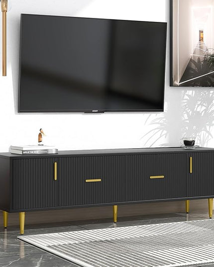 Modern Long Stand with 2 Storage Cabinets and Drawers for Televisions TVs Up to 75", Entertainment Center Console Table with Champagne Legs, Media Furniture for Living Room, Office, Black - LeafyLoom