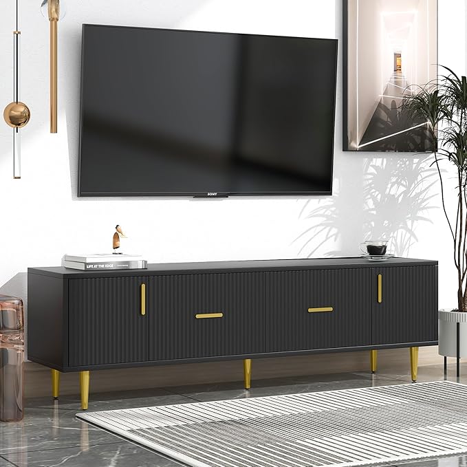 Modern Long Stand with 2 Storage Cabinets and Drawers for Televisions TVs Up to 75", Entertainment Center Console Table with Champagne Legs, Media Furniture for Living Room, Office, Black - LeafyLoom