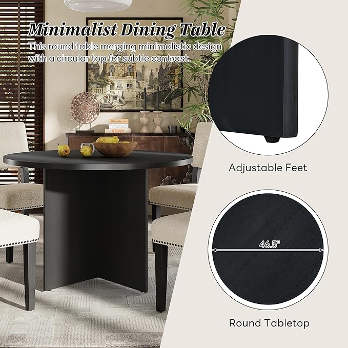 Modern Round Pedestal Kitchen 4 Upholstered Chairs, Rubber Wood, Easy Assembly, for Studio, Apartment, Small Places, Room, 5 Piece Dining Table Set, Black 3 - LeafyLoom