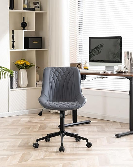 YOUNIKE Desk Chair with Wheels Armless Office Chair Swivel Rolling Task Chair with Back Upholstered Faux Leather Computer Chair Height Adjustable Modern Widened Seat Dusty Blue - LeafyLoom