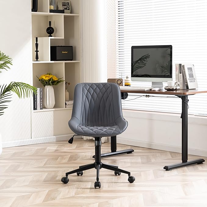 YOUNIKE Desk Chair with Wheels Armless Office Chair Swivel Rolling Task Chair with Back Upholstered Faux Leather Computer Chair Height Adjustable Modern Widened Seat Dusty Blue - LeafyLoom