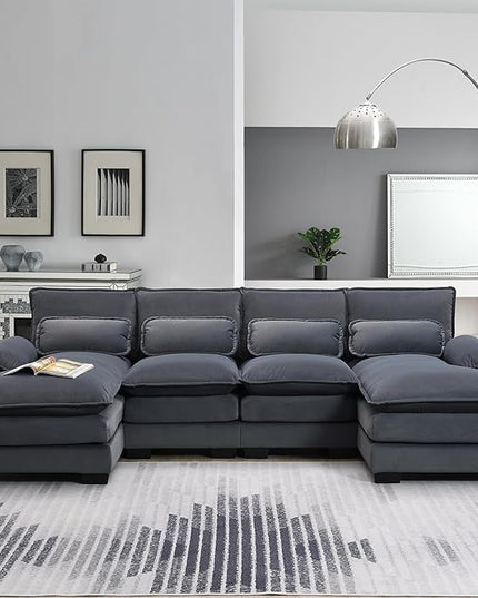 U Shaped Modular Sectional Sofa with Double Chaise Lounge, Chenille Upholstered Symmetrical Cloud Couch with Solid Wood Legs and Waist Pillows, 6 Seater Large Sofa&Couch for Living Room Office - LeafyLoom