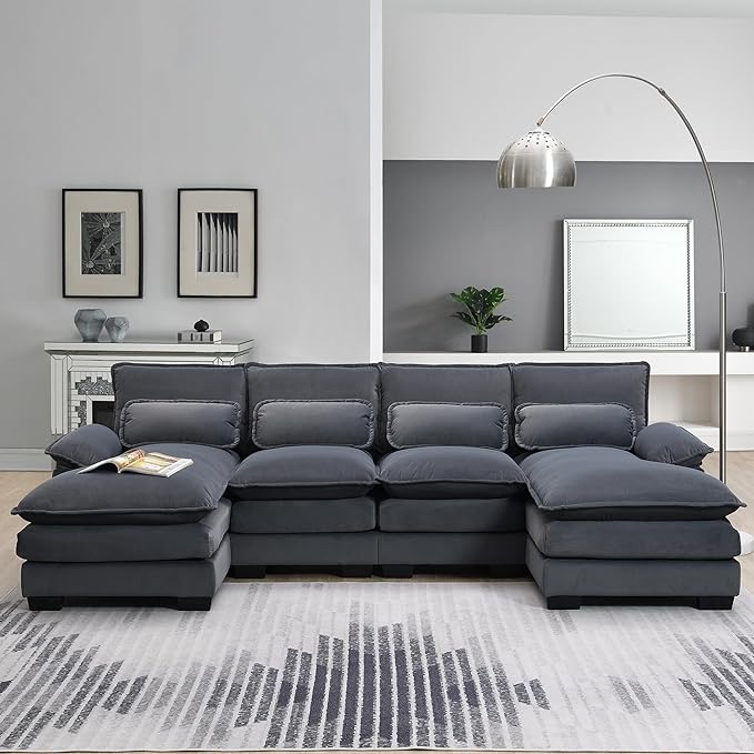 U Shaped Modular Sectional Sofa with Double Chaise Lounge, Chenille Upholstered Symmetrical Cloud Couch with Solid Wood Legs and Waist Pillows, 6 Seater Large Sofa&Couch for Living Room Office - LeafyLoom