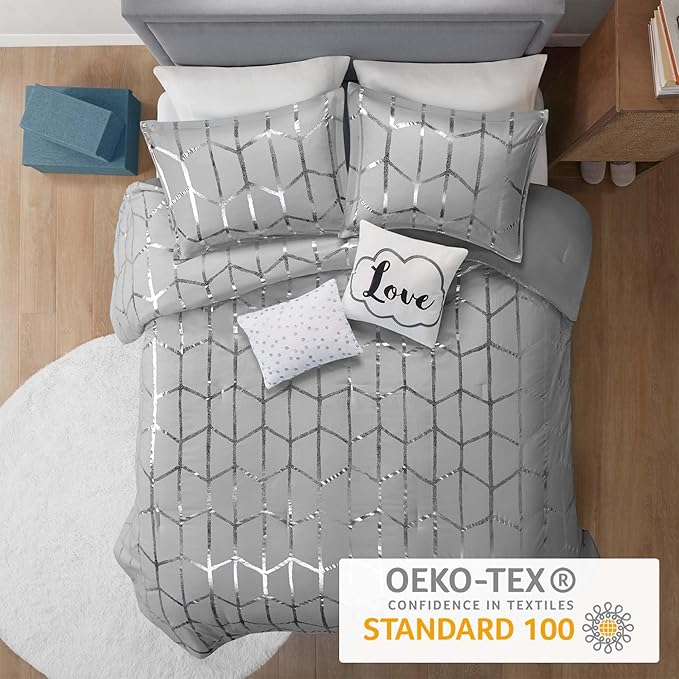Intelligent Design Raina Twin / Twin XL Comforter Set, Soft Microfiber Comforter Set Twin, Modern Geometric Metallic Bed Set, 4 Pieces College Bedding Comforter Set with 1 Sham, 2 Toss Pillows Grey - LeafyLoom