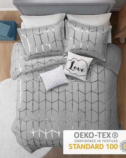 Intelligent Design Raina Full / Queen Comforter Set, Soft Microfiber Comforter Set Queen, Modern Geometric Metallic Bed Set, 5 Pieces College Bedding Comforter Set with 2 Shams, 2 Toss Pillows Grey - LeafyLoom