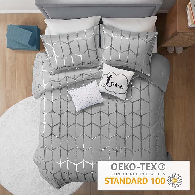 Intelligent Design Raina Full / Queen Comforter Set, Soft Microfiber Comforter Set Queen, Modern Geometric Metallic Bed Set, 5 Pieces College Bedding Comforter Set with 2 Shams, 2 Toss Pillows Grey - LeafyLoom