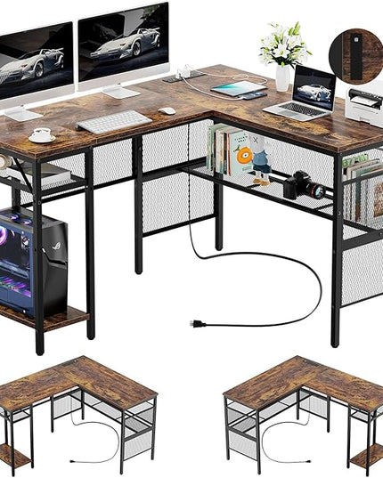 Reversible L Shaped Gaming Desk with Magic Power Outlets, 55 Inch Large Corner Computer Desk, Sturdy Home Office Table with Storage Shelf, Attractive Grid Design Writing Desk, Rustic Brown - LeafyLoom
