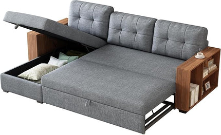 Convertible Sectional Couch with Pull Out Bed and Storage Chaise,L Shaped Sleeper Sofa W/Storage Cabinet Armrests & Removable Back Cushions,Living Room Furniture,for Home,Office,Light Grey,84" - LeafyLoom