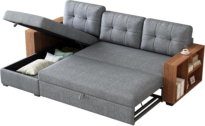 Convertible Sectional Couch with Pull Out Bed and Storage Chaise,L Shaped Sleeper Sofa W/Storage Cabinet Armrests & Removable Back Cushions,Living Room Furniture,for Home,Office,Light Grey,84" - LeafyLoom