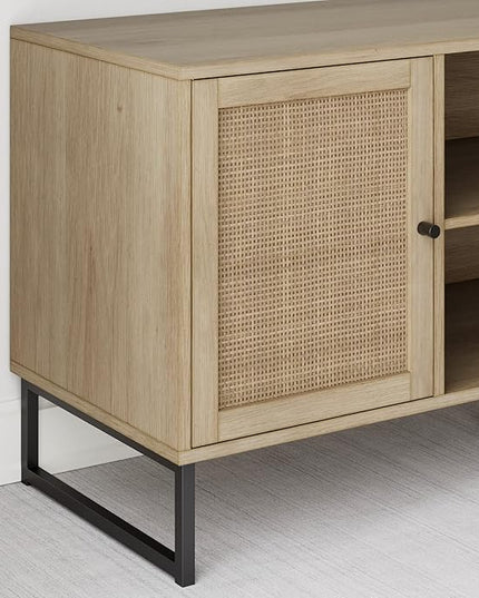 Nathan James Mina Modern Entertainment Cabinet, Console with a Natural Wood Finish and Matte Accents with Rattan Storage Doors for Living Media Room, Oak/Black - Set of 2 - LeafyLoom