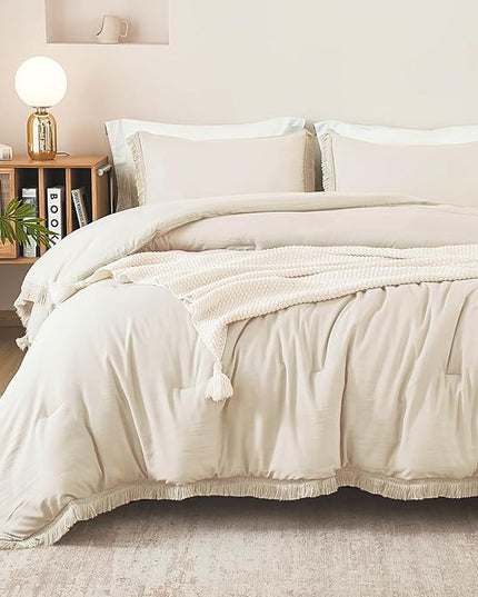 Litanika Beige Queen Comforter Set, 3 Pieces Cream Boho Tassel Lightweight Bed Comforter Queen,All Season Soft Solid Color Bedding Comforter Sets Ivory (1 Comforter 90x90 Inch, 2 Pillowcases) - LeafyLoom