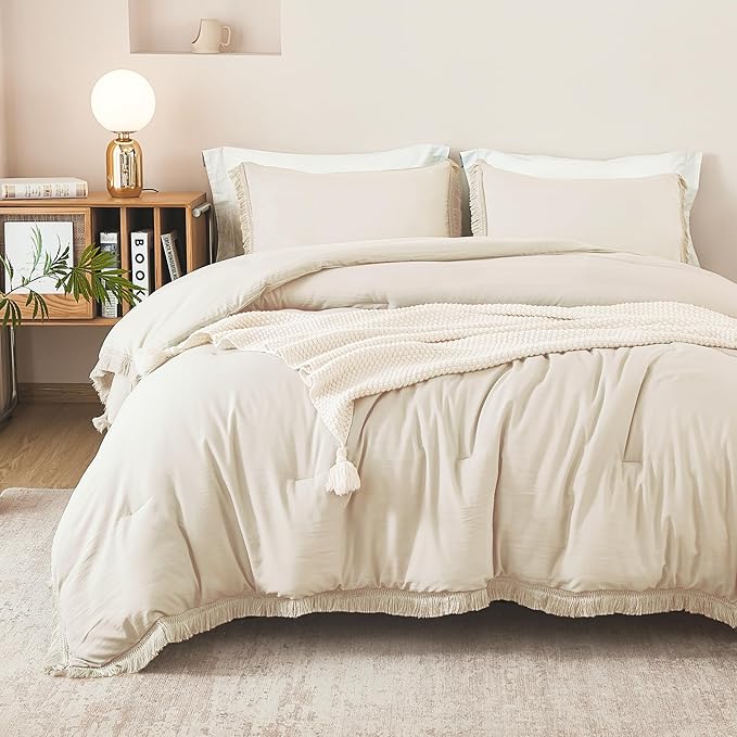 Litanika Beige Queen Comforter Set, 3 Pieces Cream Boho Tassel Lightweight Bed Comforter Queen,All Season Soft Solid Color Bedding Comforter Sets Ivory (1 Comforter 90x90 Inch, 2 Pillowcases) - LeafyLoom