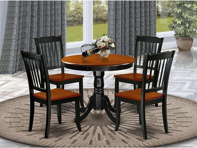 East West Furniture ANDA5-BCH-W Antique 5 Piece Room Set Includes a Round Wooden Table with Pedestal and 4 Kitchen Dining Chairs, 36x36 Inch - LeafyLoom