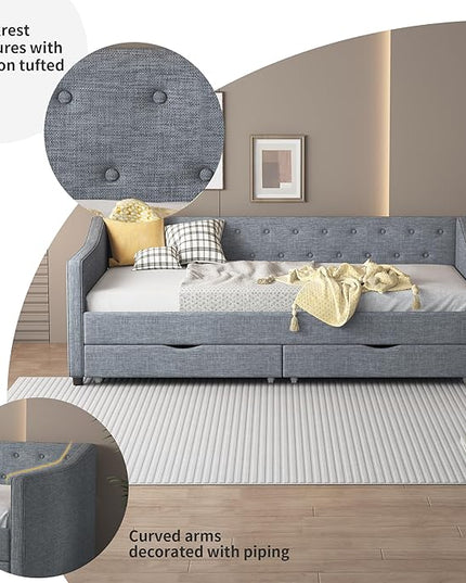 Twin Daybed Frame with 2 Storage Drawers,Upholstered Sofa Bed W/Button & Nailhead Tufted Design,Wood Slats Support,Linen Fabric Bedframe for Living Room Bedroom Apartment,Light Gray - LeafyLoom