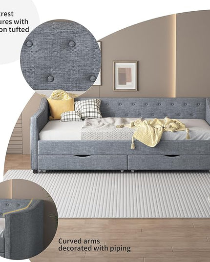 Twin Size Upholstered Daybed with 2 Drawers,Wood Sofa Bed Frame W/Button Tufted Backrest and Waved Shape Arms,Slats Support,Linen Fabric Day Bed,for Bedroom,Living Room,Apartment,Light Gray - LeafyLoom