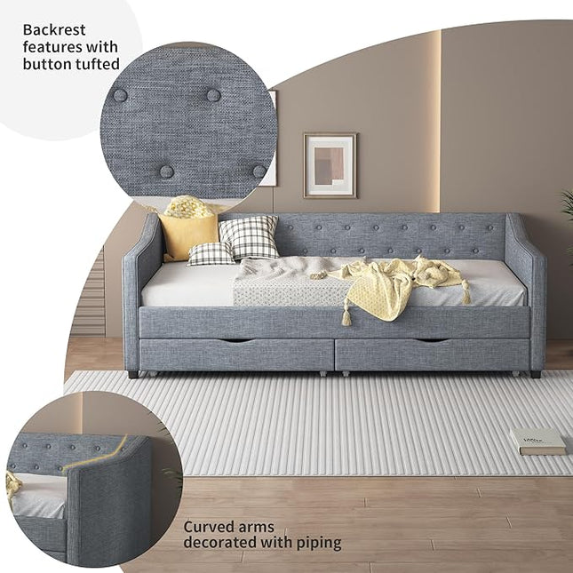 Twin Size Upholstered Daybed with Button Tufted Back and Waved Shape Arms,Elegant Wood Storage Sofa Bed w/Two Drawers,Slat Support,for Apartment,Bedroom,Light Grey - LeafyLoom