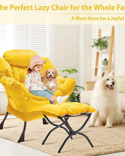 Lazy Chair with Folding Ottoman, Accent Chair Velvet Upholstered with Metal Structure and Non-Slip Pads, Sofa Armchair with Footrest and Side Storage Bag for Dorm, Room, Office, Yellow - LeafyLoom