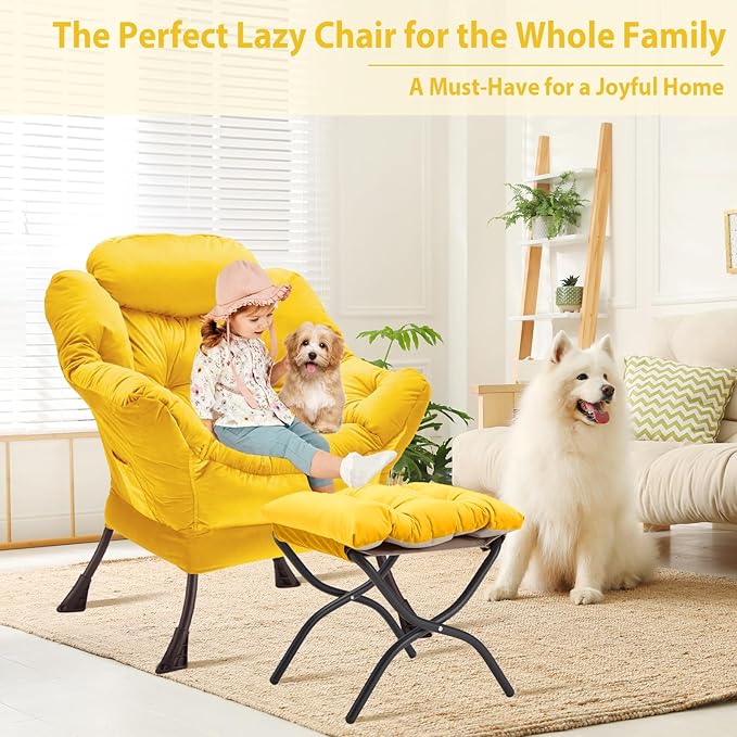 Lazy Chair with Folding Ottoman, Accent Chair Velvet Upholstered with Metal Structure and Non-Slip Pads, Sofa Armchair with Footrest and Side Storage Bag for Dorm, Room, Office, Yellow - LeafyLoom