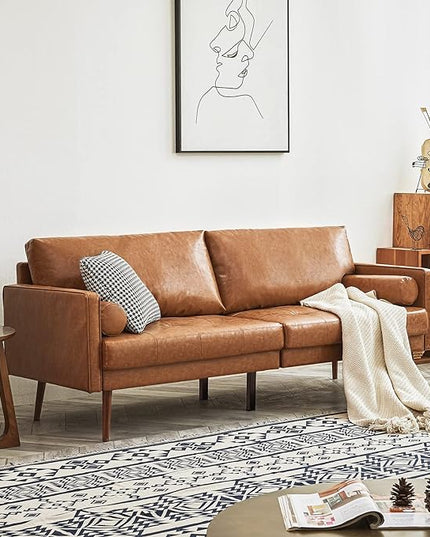 Vonanda Faux Leather Sofa Couch, Mid-Century 73 Inch 3 Seater Leather Couch with Hand-Stitched Comfort Cushion and Bolster Pillows for Living Room,Elegant Cognac Tan - LeafyLoom
