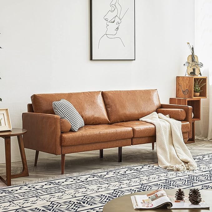 Vonanda Faux Leather Sofa Couch, Mid-Century 73 Inch 3 Seater Leather Couch with Hand-Stitched Comfort Cushion and Bolster Pillows for Living Room,Elegant Cognac Tan - LeafyLoom