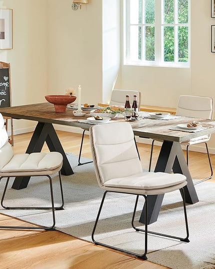 Dining Chairs Set of 6, Upholstered Dining Room Kitchen Chairs with Metal Legs, Modern Fabric PU Leather Side Chairs for Home Office, Cream - LeafyLoom