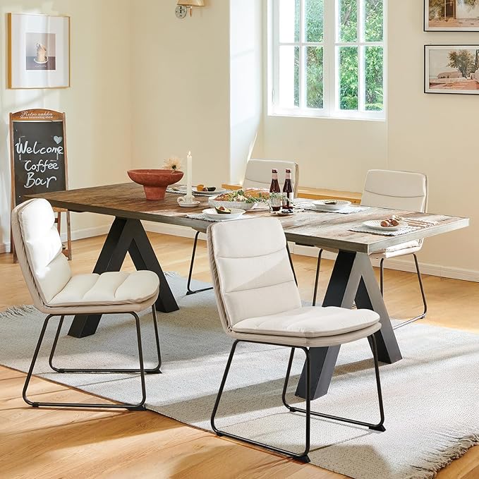 Dining Chairs Set of 6, Upholstered Dining Room Kitchen Chairs with Metal Legs, Modern Fabric PU Leather Side Chairs for Home Office, Cream - LeafyLoom