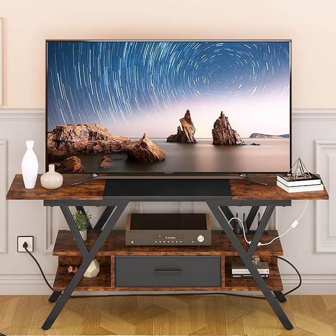 Yusong 65 inch LED TV Stand, Entertainment Center Gaming TV Table with Outlets, Up to 65" Media Console for Living Room, 29+DIY Dynamic RGB Modes, Rustic Brown and Black - LeafyLoom