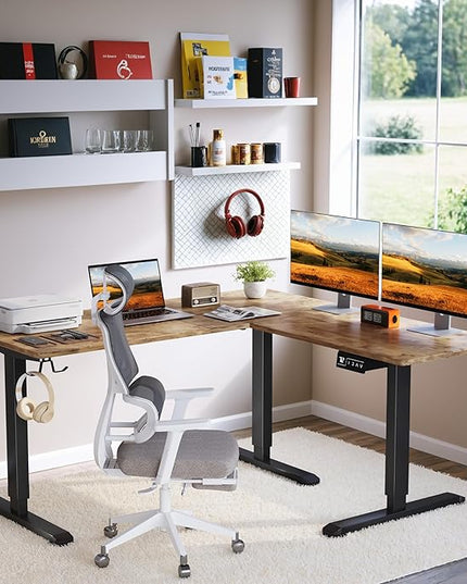 L-Shaped Electric Standing Desk, 63 x 55 Inches Height Adjustable Coner Table, Home Office Computer Workstation, Rustic Brown, 63 x 55 Inch - LeafyLoom