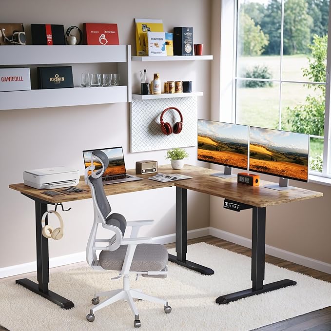 L-Shaped Electric Standing Desk, 63 x 55 Inches Height Adjustable Coner Table, Home Office Computer Workstation, Rustic Brown, 63 x 55 Inch - LeafyLoom