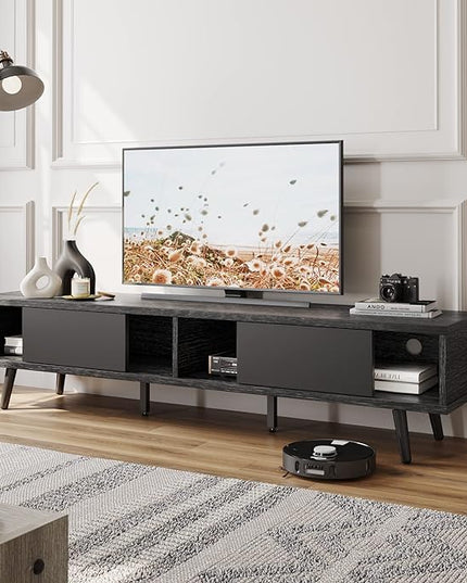 Bestier 70 inch Mid Century Modern Entertainment Center for 75 inch Display, Low Profile with Storage, for Living Room, Cord Management, Black Ash - LeafyLoom