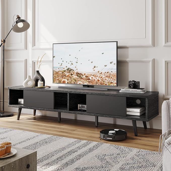 Bestier 70 inch Mid Century Modern Entertainment Center for 75 inch Display, Low Profile with Storage, for Living Room, Cord Management, Black Ash - LeafyLoom