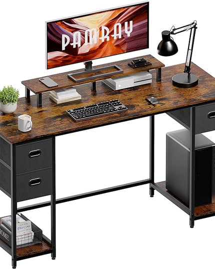 Pamray 55 Inch Computer Desk with Non-woven Storage Drawers and Monitor Stand Home Office Desk for Bedroom Study Table Writing and Work Desk Vintage - LeafyLoom