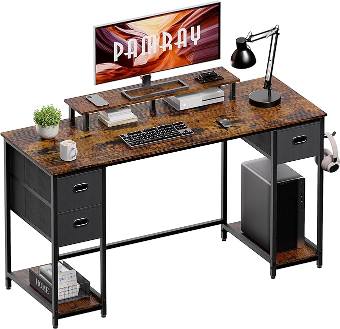 Pamray 55 Inch Computer Desk with Non-woven Storage Drawers and Monitor Stand Home Office Desk for Bedroom Study Table Writing and Work Desk Vintage - LeafyLoom