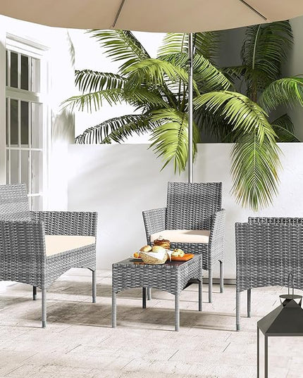 Patio Furniture, 4 Piece Conversation Set, Outdoor Wicker Rattan Table and Chairs, Sectional Sofa with Thick Cushion for Garden, Yard, or Porch, Grey - LeafyLoom