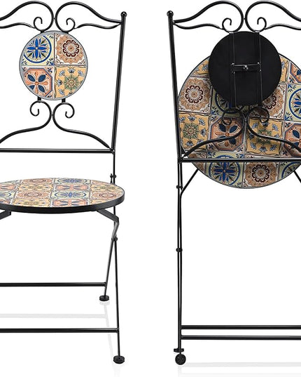 Alpine Corporation Indoor/Outdoor Mediterranean Tile Design Set Table and Chairs Patio Seating - LeafyLoom