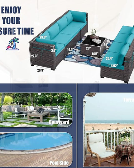 Patio Furniture Set 9-Pieces Outdoor Furniture for Backyard Wicker Sectional Sofa Set, Rattan Patio Conversation Set with Thickened Cushions and Glass Coffee Table, Turquoise - LeafyLoom