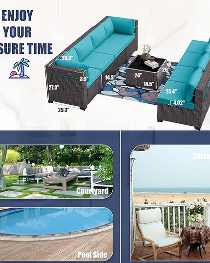 Outdoor Furniture Set 7PCS Patio Furniture for Backyard Wicker Sectional Sofa Set 6 Seats, PE Rattan Outdoor Conversation Set with Thickened Cushions and Glass Coffee Table, Blue - LeafyLoom