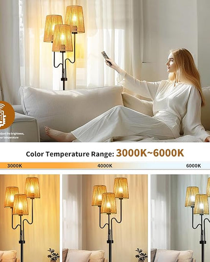 Rattan Floor Lamp for Living Room,Boho Floor Lamps Flower Standing Lamp with Remote,Dimmable Tree 3 Light Tall Lamp Farmhouse Wicker Bamboo Lamp Shade,Floor Light for Bedroom Bohemian Decor - LeafyLoom